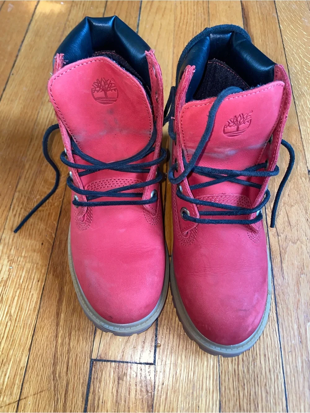 Timberland Kids Red Leather Ankle Boots with Black Collar